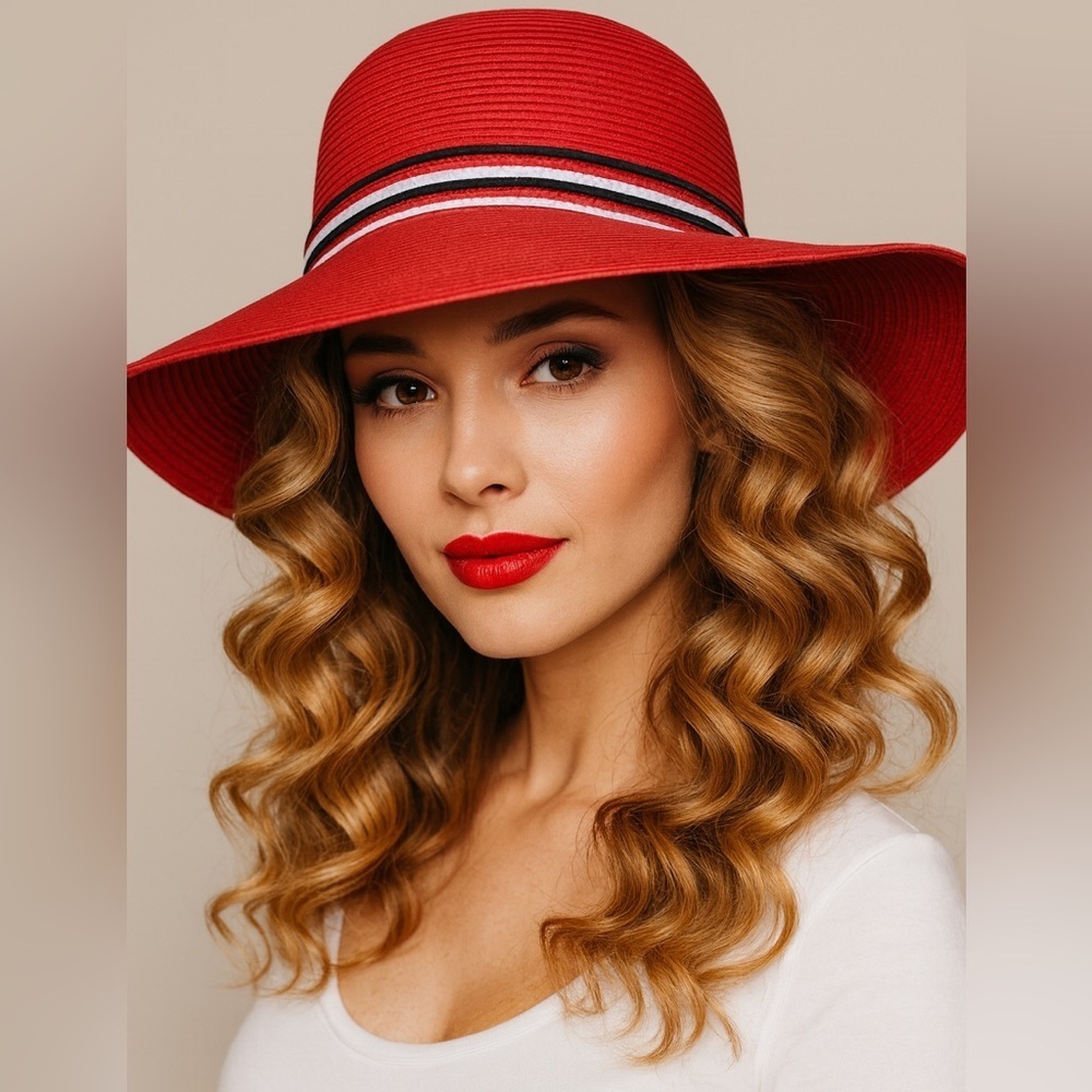 Vintage Daniele Meucci Red Stripes 100% paper straw hat Made in Italy Wide Brim